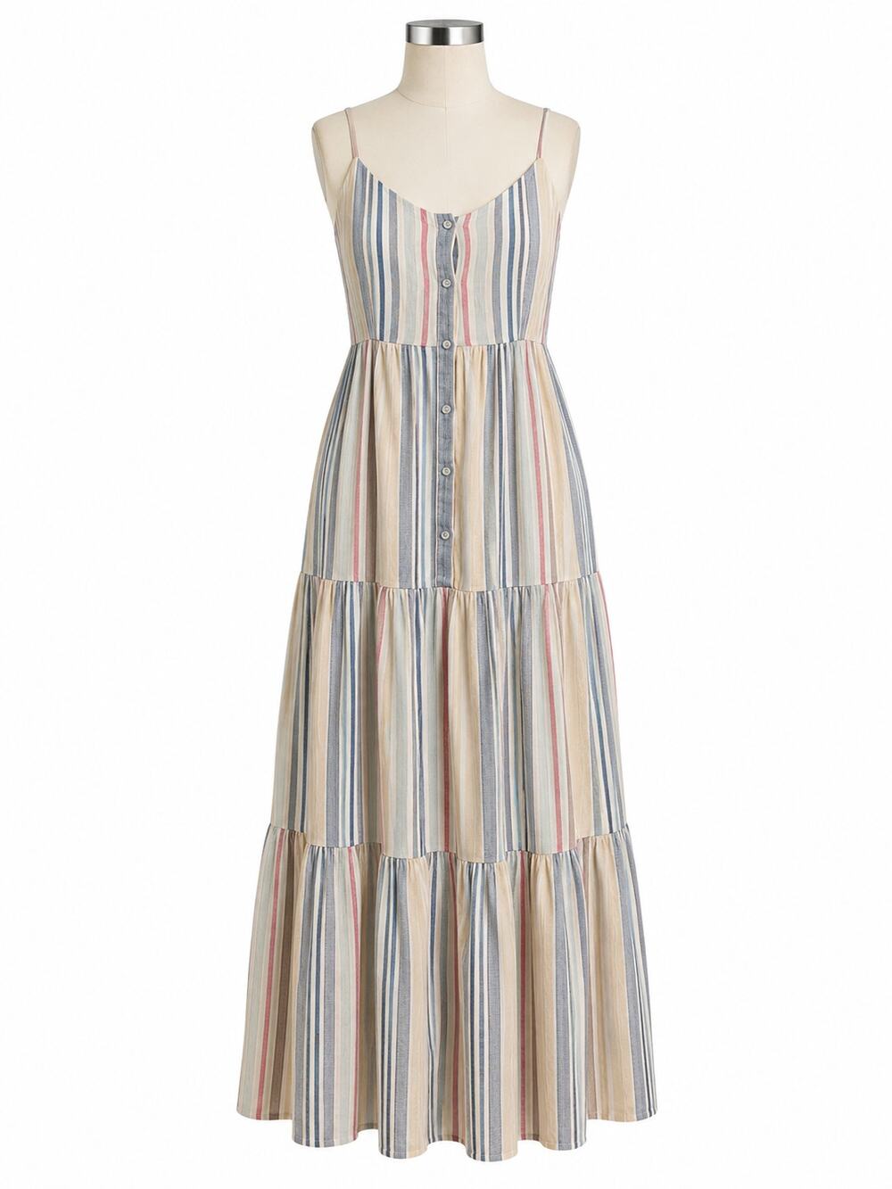 Splendid Arco Iris Rainbow Stripe Linen Tiered Maxi Dress - Size M - NWT